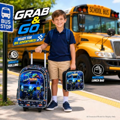 CCJPX 3Pcs Truck Rolling Backpack for Boys, 18" Kids Wheeled Bookbag with Lunch Box, Lightweight Roller School Bag for Elementary Preschool(Black) - color: Blue Truck