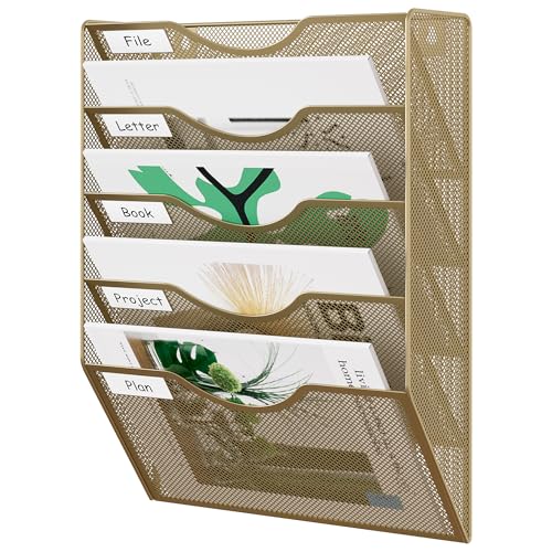 EasyPAG Wall File Organizer 5 Tier Hanging Paper Folder Holder, Zero Assembly Metal Mesh Wall Mounted Mail Organizer for Office Home Classroom Narrow Spaces, Gold - color: Gold, size: 5 Tier