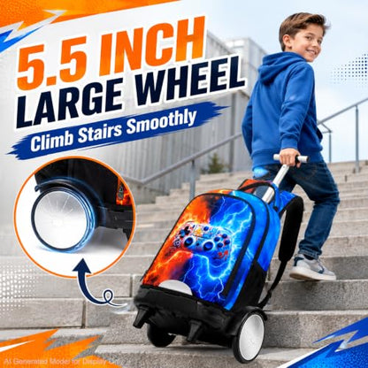 AGSDON Quiet Rolling Backpack with Lunch Box Set – Large‑Wheel Water‑Resistant Wheeled Bag for School, Outings, and Travel | Fire-Lightning Gaming 3‑Piece Organizer Backpack - color: Big Wheel Rolling Backpack Fire-lightning Gaming