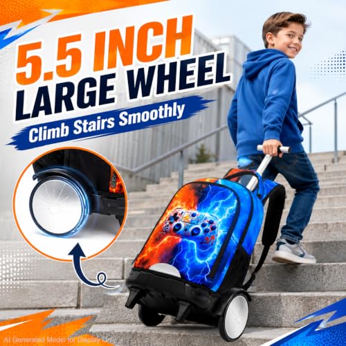 AGSDON Quiet Rolling Backpack with Lunch Box Set – Large‑Wheel Water‑Resistant Wheeled Bag for School, Outings, and Travel | Fire-Lightning Gaming 3‑Piece Organizer Backpack - color: Big Wheel Rolling Backpack Fire-lightning Gaming