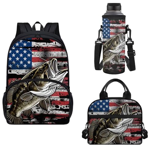 Horeset American Flag Fish Print Backpack Set for Boys School Bag with Lunch Box Water Bottle Sling Bag, Water-Resistant College Students Shoulder Bags Fit Camping Outdoor Travel(3 in 1) - color: American Flag Fish