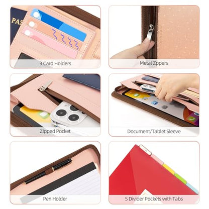 Ospelelf Clipboard with Storage, 3 Ring Binder with Zipper, Leather Padfolio Portfolio Folder, Calculator, 12.1” Tablet Sleeve, 5 Dividers with Pocket|Refillable Notepad, Card Slot (Rose Gold) - color: Rose Gold