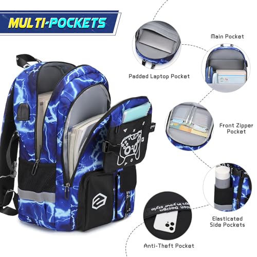 Scothen Boys Backpack, Cool Luminous School Backpacks for Boys with Lunch Bag Pencil Case, Kids Backpack Kindergarten Elementary Middle School Book Bags for Teen Boy Children with USB Charging Port - color: Lightning-blue