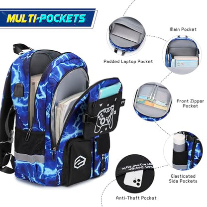 Scothen Boys Backpack, Cool Luminous School Backpacks for Boys with Lunch Bag Pencil Case, Kids Backpack Kindergarten Elementary Middle School Book Bags for Teen Boy Children with USB Charging Port - color: Lightning-blue
