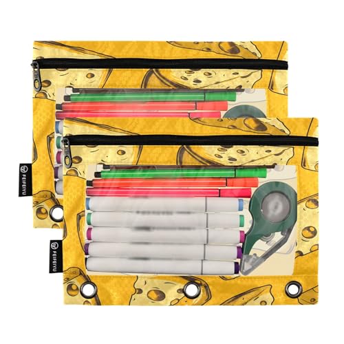 SUABO Cheese Color Pattern Pencil Pouch for 3 Ring Binder, 2 PCS Binder Pencil Pouch with Zipper, Clear Window Zipper Pencil Case Pencil Bags for Office Supplies - color: Cheese