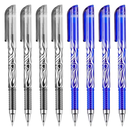8 Pack 4 Black 4 Blue Ink Erasable Gel Pens, 0.5mm Fine Point, Flame Patterned Barrel, Comfortable Grip, with Eraser, Ideal for Journaling, School Work, Office Tasks, Note Taking, DIY Projects - color: 4 Black 4 Blue