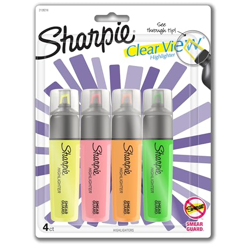 Sharpie Clear View Highlighters, Chisel Tip Highlighter Marker Set, Back to School and Office Supplies, Studying Essentials, Teacher Must Haves, Assorted Colors, 4-Pack - style: 4 Count Assorted
