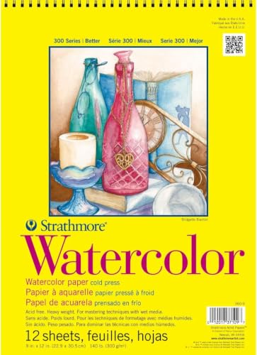 Strathmore 300 Series Watercolor Paper Pad,Top Wire Bound, 9x12 inches, 12 Sheets (140lb/300g)-Artist Paper for Adults and Students-Watercolors,Mixed Media, Markers and Art Journaling (Pack of 12) - size: 9x12 (Pack of 12), style: Wire Binding