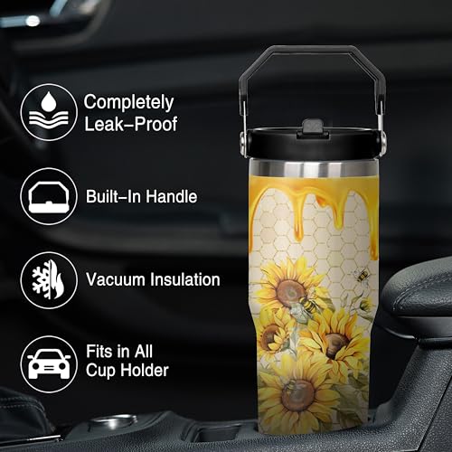 Queen Hero 30 oz Bee Tumbler with Handle, Large Insulated Tumbler with Flip & Straw Coffee Mug Cup Stainless Steel Gifts for Women Men Youth - color: Gold