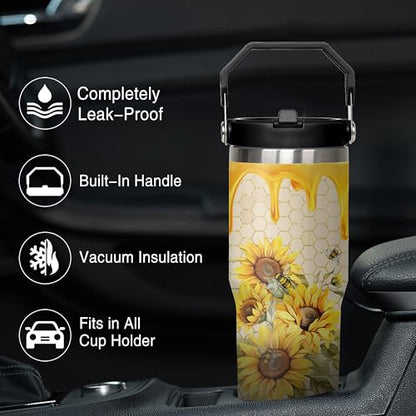 Queen Hero 30 oz Bee Tumbler with Handle, Large Insulated Tumbler with Flip & Straw Coffee Mug Cup Stainless Steel Gifts for Women Men Youth - color: Gold