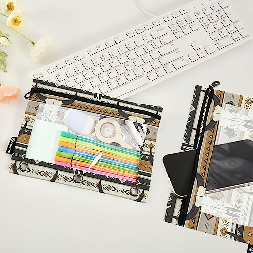 Fisyme Western Boho Bull Skulls Pencil Pouch for 3 Ring Binder Pencil Case Pencil Bag Zipper Pouch with Clear Window for Office Supplies 2 Pack - color: Multi-2