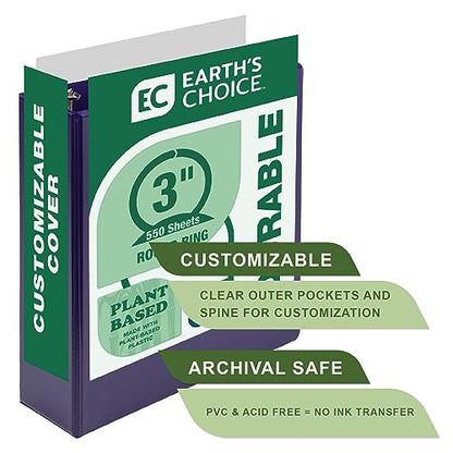 Samsill Earth’s Choice™, Durable Fashion Color 3 Ring View Binder, 3 Inch Round Ring, Up to 25% Plant Based Plastic, Eco-Friendly, USDA Certified Biobased, Purple, Value 2 Pack (U86808) - color: Purple, size: 3", style: 2 Pack
