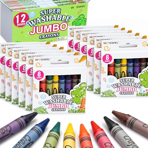 WOSWEL Super Washable Jumbo Crayons Bulk - 12 Packs With 8 Bright Colors, Non-Toxic Easy-Grip Fat Crayons for Toddlers Ages 1-3 2-4, Classroom Party Favor School Supplies