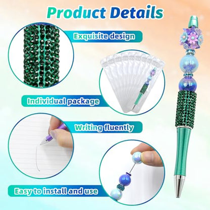 75 Pcs DIY Diamond Beadable Pen Kit - 25 Plastic Rhinestone Beaded Pens Bulk with Refills & Bags - Fancy Cute Glitter Pens for Crafting, Students & Teachers – School Supplies (Green) - color: Green, size: 25