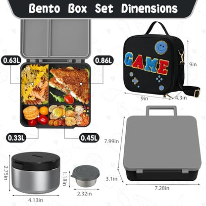 Aimsnk Kids Lunch Box with Thermo Insulated Lunch Bag for School, Black | Kids Bento Lunch Box with 8oz Food Jar, Leak Proof Hot Soup Lunch Containers with 4 Compartment, Warm Lunchbox for Toddler - color: Black