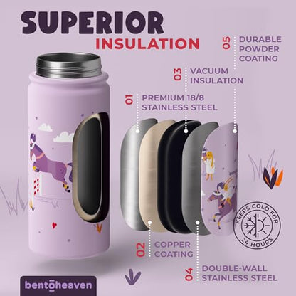 Bentoheaven Kids Water Bottle Stainless Steel for Boys & Girls, Purple | Reusable 17 oz insulated metal tumbler with 2 lids (chug and straw), leakproof design, silicone boot for school and sports. - color: Mauve
