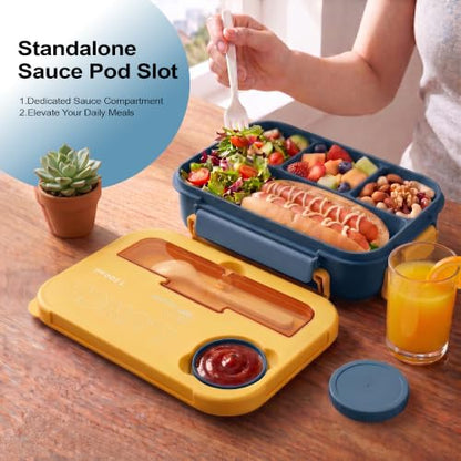Bento Box Adult Lunch Box, Lunch Containers for Adults 44 Oz,Yellow / Blue | BPA-Free, Lid-Top Sauce Tray, Leak-Proof, 1300mL, Removable Silicone Sealing Ring, Lid-Top Utensil Slot with Included Cutlery - color: Yellow / Blue