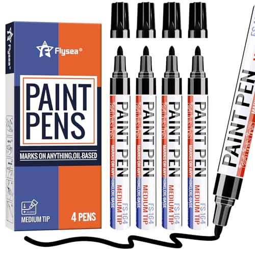 Black Paint Pens Permanent Marker Pen 4 Pcs Waterproof Oil Based Paint Markers 3mm Medium Round Tip Quick-drying Paint Marker Pens for Rock Painting, Black Paper, Metal, Tyre, Glass, Wood - color: Black