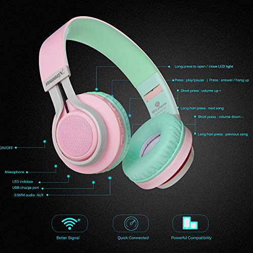 Riwbox WT-7S Bluetooth Headphones Light Up, Foldable Stero Wireless Headset with Microphone and Volume Control for PC/Tablet/TV/Travel (Pink Green) - color: PINK&GREEN