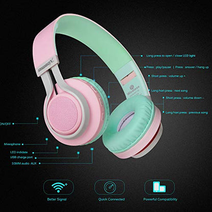 Riwbox WT-7S Bluetooth Headphones Light Up, Foldable Stero Wireless Headset with Microphone and Volume Control for PC/Tablet/TV/Travel (Pink Green) - color: PINK&GREEN