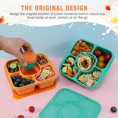 Original Lunchable Snack Containers - 5 Compartments Bento Snack Boxes with 1 Leakproof Small Containers, Wheat Straw, BPA-Free, Set of 2 (Cyan+Orange) - color: Cyan+Orange