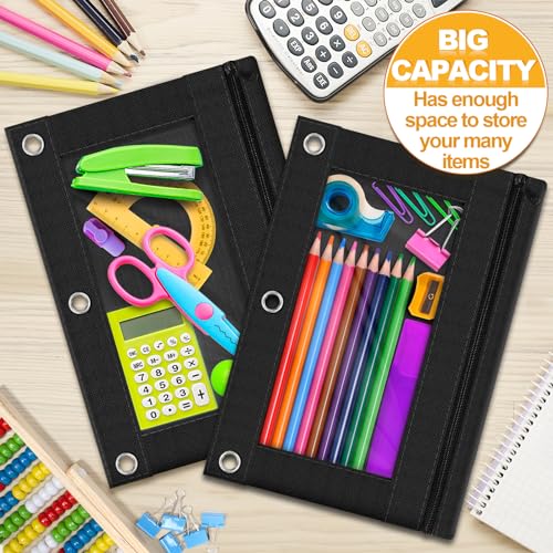 3-Ring Pencil Pouch, 2 Pack Black Bulk Pencil Case, Pencil Bags with Zipper for Office Supplies Cosmetics, with Zipper & Reinforced Grommets Fabric Large Pencil Case for 3 Hole Binder - color: Black