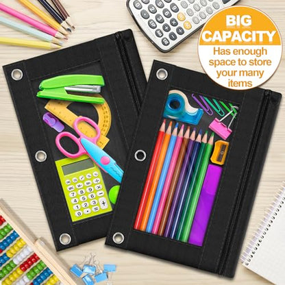 3-Ring Pencil Pouch, 2 Pack Black Bulk Pencil Case, Pencil Bags with Zipper for Office Supplies Cosmetics, with Zipper & Reinforced Grommets Fabric Large Pencil Case for 3 Hole Binder - color: Black