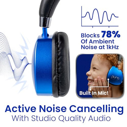 Puro Sound Labs Noise Cancelling Headphones for Kids - 85 dB Volume Limit, Built in Mic, 35-Hour Battery, Lightweight On Ear Design & Comfy Fit, Bluetooth Headphones for Kids – PuroQuiet Plus, Blue - color: Blue