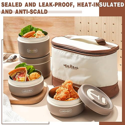 Dandat 4 Pcs Insulated Lunch Container, Portable Bento Box, Stainless Steel Lunch Box, Round Stackable Leakproof Thermal Food Container for Adult Men Women with Insulated Bag, 74 oz(Khaki) - color: Khaki