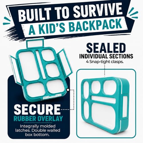 kinsho Bento Box Lunch-Box Containers for Kids, Adults | 6 Compartment Lunch-Boxes | Leakproof School Bentobox, Snack or Meal Portion Container | BPA-Free, Teal - color: Teal