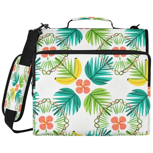 Tropical Banana Leaves Zipper Binder with 2 Inch D-Rings Expandable File Portfolio with Shoulder Strap, Waterproof Nylon Organizer for 14" Laptop for Work College Travel