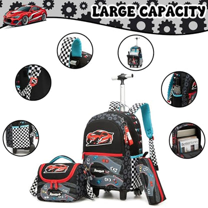 Kids Rolling Backpack for Boys 16.5" School Roller Backpack with Lunch Box, Toddler Backpacks with Wheels Rollig Wheeled Backpacks for Elementary School - color: Black Car