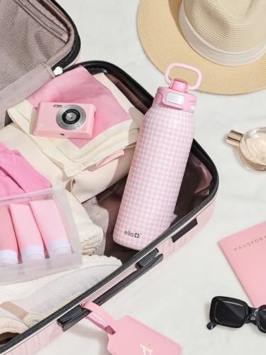 Ello Pop & Fill Insulated Stainless Steel Water Bottle with Quick Fill Lid, Leakproof Locking, Sip or Chug Spout, BPA-Free, Double Wall Vacuum Insulated for Sports, Travel & School- 22oz / 32oz / 40oz - color: Pink Gingham, style: 32oz