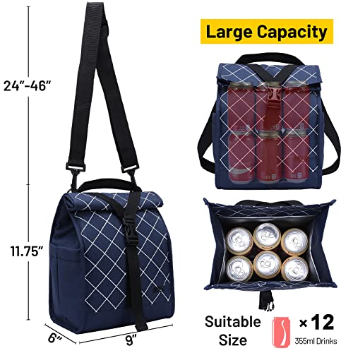 MIER Insulated Lunch Bag Roll Top Lunchbox for Women Men Adults Foldable Rolltop Lunch Tote with Shoulder Strap for Work Office Picnic, Water Bottle Holder, Blue - color: Blue
