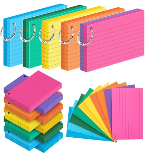 250 Count Colored Index Cards for Studying, 3x5 Inch Ruled Flash Cards 10 Classic Color with Key Ring, 5 Packs of 50 Sheets Lined Study Note Cards with Waterproof Covers for School Office Home - color: 10 Classic Color-Ruled