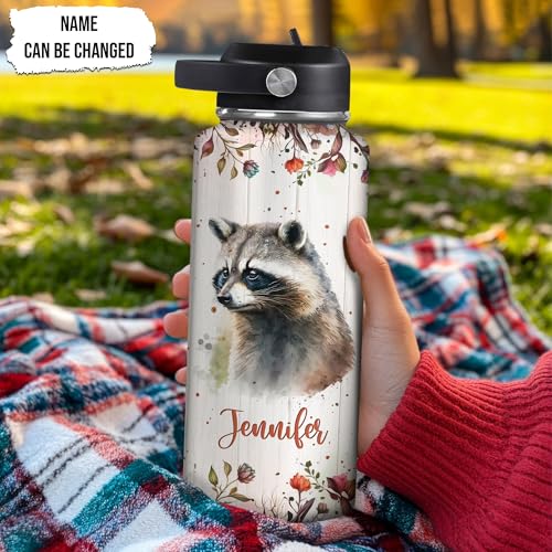 Hyturtle Personalized Raccoon Water Bottle - Custom Name Insulated Stainless Steel Bottle with Leak-Proof Lid 18oz 32oz - Animal Lover Gift for Women Girls Raccoon Lovers - Birthday & Christmas Gift - color: Raccoon