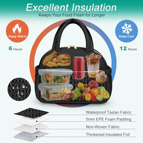 Coobiiya Cotton Quilted Lunch Bag,Cute Insulated Puffer Lunch Box for Women | Large Capacity Thermal Waterproof Cooler Bag for Work Picnic Travel - color: Black Woven Cotton