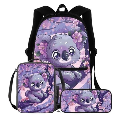 BIGCARJOB Little Girls School Bookbags Cute Kawai Racoon Backpack School Bags with Lunch Box Pen Bags Set for Girls Preschool Large Bookbags Racoon Print School Rucksack Kids Casual Daypack - color: Cute Kawai Racoon, size: One Size