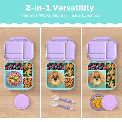 Kids Lunch Box Set with Bento Box, 9oz Stainless Steel Thermo & Insulated Lunch Bag – Hot & Cold Leakproof Lunch Container with Utensils for School & Travel - color: Purple