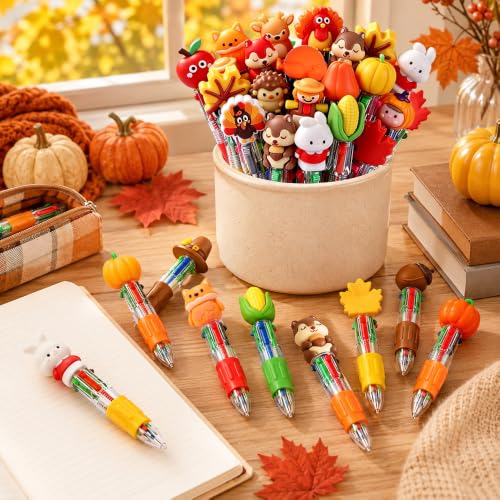 Vellibring 48Pcs Thanksgiving Fun Pens, Cute Autumn 4-in-1 Maple Leaf Pumpkin Turkey Animal Character MultiColor Pens Fall Harvest Party Favor Classroom Reward Stationery Gift - style: Thanksgiving-48pcs