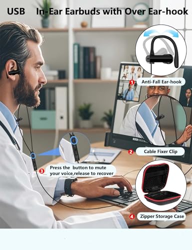 TOPAUX USB Headphone Over-Ear Hook 2.5M 8.2FT Computer Headset Black | Mute Mic USBA Earphone in-Ear Noise Cancel Wired Earbuds for Chromebook/Notebook/Teams for Zoom Office Laptop Desktop PC