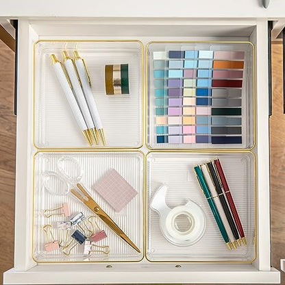 Martha Stewart Kerry Plastic Stackable Office Desk Drawer Organizers, 6" x 6", 4 Pack, with Gold Trim - size: 6" x 6"