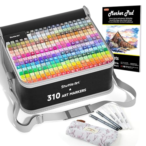 Shuttle Art 310 Colors Alcohol Markers, 309 Colors Dual Tip Art Marker Set Plus Colorless Blender, Micro-tip Pens, White Highlighter Pens, Marker Bag with Holders Perfect for Students Adults Coloring - color: 310 Colors