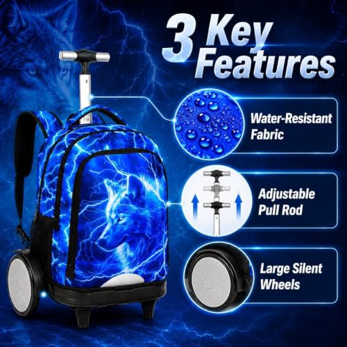 3Pcs Large Rolling Backpack for Boys, 20 Inch Detachable Wheeled Bookbag with Lunch Box, Durable Lightning Wolf Roller Backpack for Elementary Middle School (Blue) - color: Large Wheels Wolf Blue