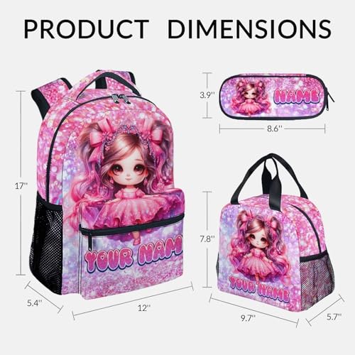 COZYAURA Girl Backpack for Girls Personalized with Name - 3-Piece School Bag Set with Insulated Lunch Box & Pencil Case for Kindergarten & Elementary Students - color: Red