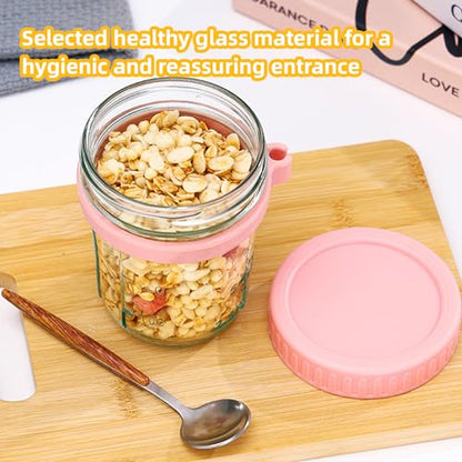 Glass Overnight Oats Containers，with Lids and Spoons，16 oz Glass Food Storage Containers ，Container Meal Prep Jar for Cereal Fruit Vegetable Milk Salad Yogurt