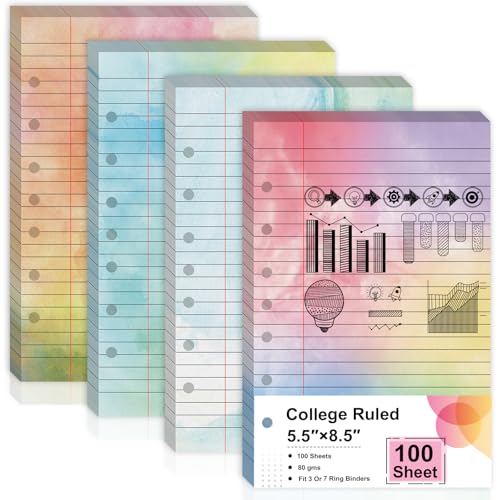100 Sheet 5.5" x 8.5" Colored Loose Leaf Paper Half Letter Lined Paper 7 hole punched Wide Ruled Paper Refills College Ruled Notebook Paper Watercolor 80GSM For 3 Or 7 Ring Binders