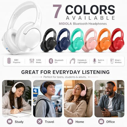 MIDOLA Bluetooth Headphones Over Ear, 68H Playtime Wireless Headphones with Microphone, 6 EQ Modes, HiFi Stereo Deep Bass, Foldable Lightweight Headset for Home Office, Cellphone, PC, White - color: White
