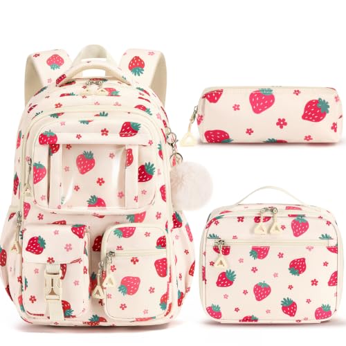 Fimibuke Kids Backpack for School Girls, 3Pcs Waterproof Girls Backpack with Lunch Box & Pencil Pouch - Lightweight Bookbag for Elementary Middle School Student Teens Ages 6+ Strawberry - color: B1.strawberry