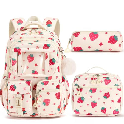 Fimibuke Kids Backpack for School Girls, 3Pcs Waterproof Girls Backpack with Lunch Box & Pencil Pouch - Lightweight Bookbag for Elementary Middle School Student Teens Ages 6+ Strawberry - color: B1.strawberry